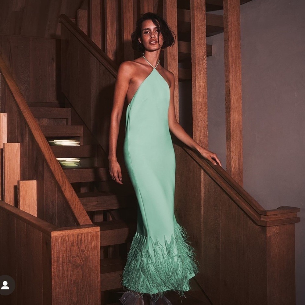 Alexis Izzie Dress Womens Mint Green Feather Trim Halter Midi Size Large (H1) - Picture 1 of 10